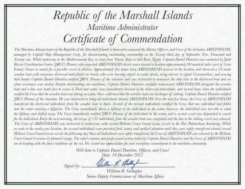 Capital Ship Management Corp. is Commended for M/T 'Aristofanis' Successful Rescue Operation by the Republic of the Marshall Islands Maritime Administrator