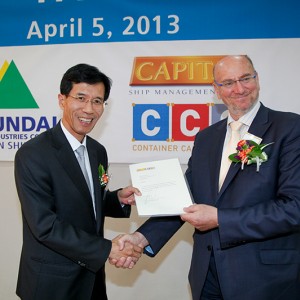 Delivery ceremony of M/V Hyundai Paramount at Hyundai Heavy Industries Co. in South Korea, on April 4, 2013.