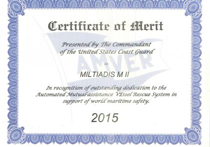 Amver Certificate of Merit - M/T 'Miltiadis MII'