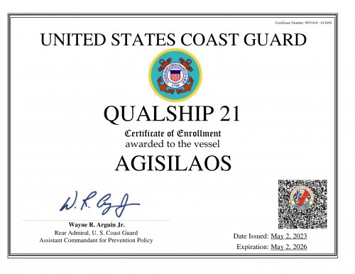 M/T 'Agisilaos' Enrolls in the USCG Qualship 21 Program